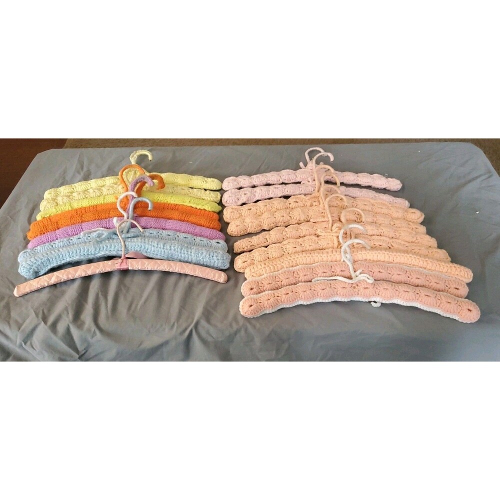 Lot Of 18 Vintage Hand Crocheted Wooden Hangers Yarn Covered 70’s Boho